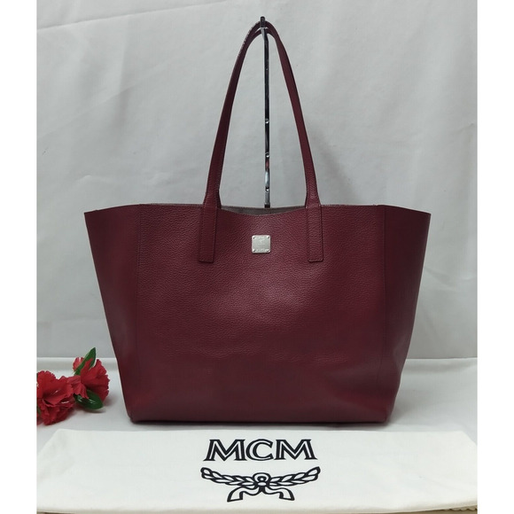 MCM Handbags - MCM Wandel Red Ruby Tan Leather Reversible Double Handle Shopper Tote Bag